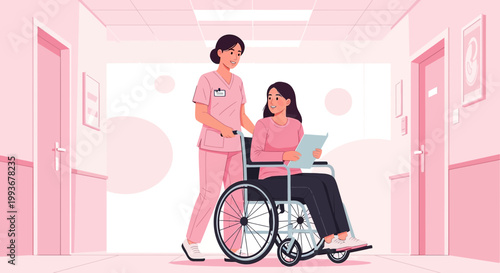 Nurse pushing patient in wheelchair down hospital hallway, receiving care and support.
