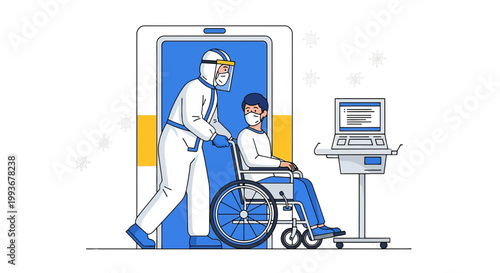 Doctor in Hazmat Suit Pushing Patient in Wheelchair, Medical Equipment Nearby