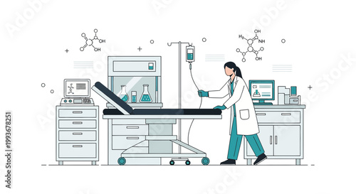 Doctor in Laboratory with Medical Equipment, Infusion and Chemical Formulas