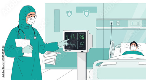 Doctor in PPE points to monitor near patient in hospital bed, intensive care unit concept