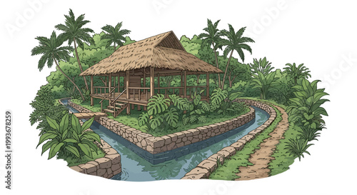 Traditional wooden house in tropical rainforest clearing with stone irrigation canal and palm trees isolated on white background