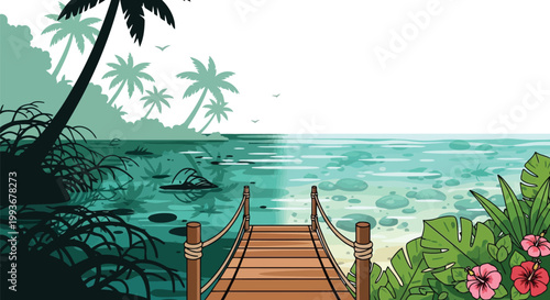 Wooden walkway bridge leading to turquoise tropical beach with palm trees and hibiscus flowers isolated on white background