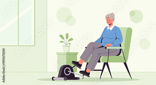 Elderly Woman Exercising on a Mini Bike at Home for Health and Rehabilitation