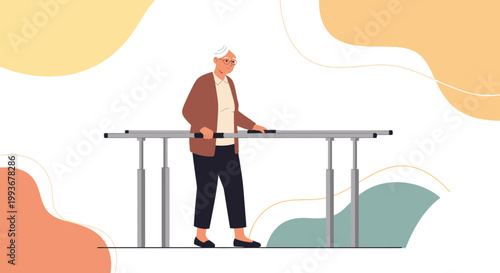 Elderly Woman Exercising on Parallel Bars in Physical Therapy Session