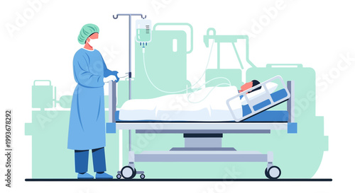 Doctor in surgical suit caring for patient in hospital bed with IV drip and medical equipment