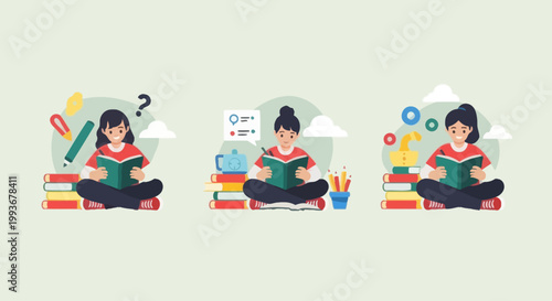 Young students learning and reading books, illustrated with study elements