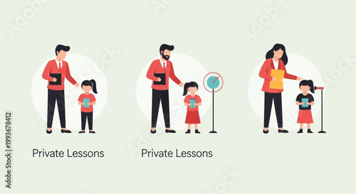 Private lessons concept: teacher with child in different educational scenarios