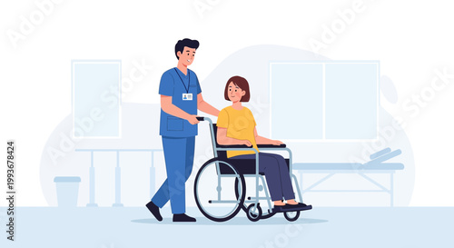 Nurse Pushing Patient in Wheelchair in Rehabilitation Center