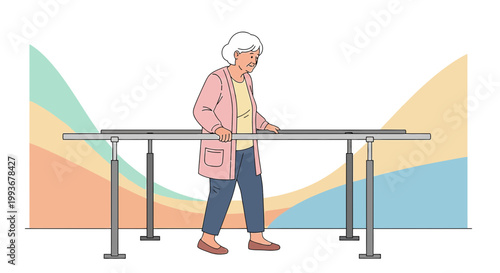 Elderly Woman Practicing Walking with Parallel Bars in Physical Therapy