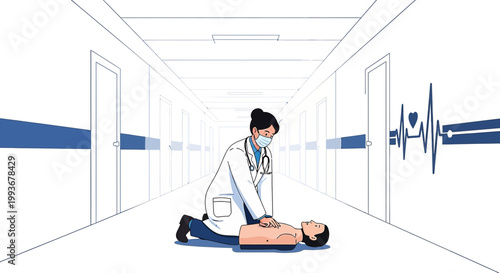 Doctor performing CPR on dummy in hospital corridor with heartbeat graphic