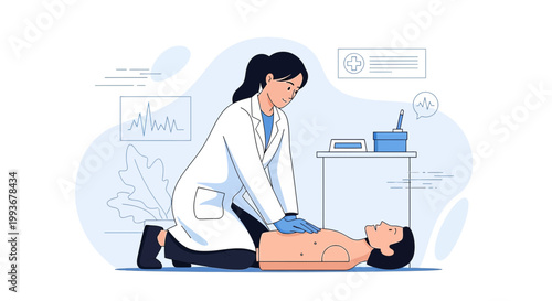 Doctor performing CPR on dummy, medical training, emergency response, life saving