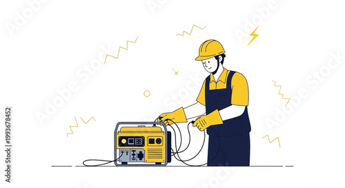 Electrician connecting portable generator, safety gear, yellow and blue colors, concept of power supply