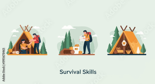 Survival Skills: Camping, Foraging, and Outdoor Living Illustration Set