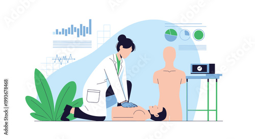 Doctor performing CPR on patient during medical training with charts and graphs