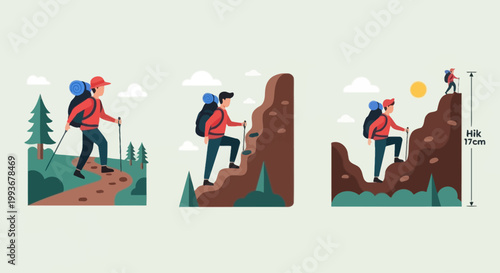 Hiker climbing mountains, hiking journey, adventure, outdoor activity, reaching summit