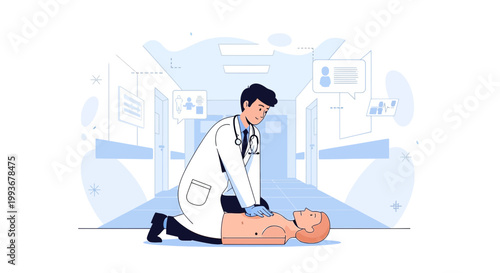 Doctor performing CPR on mannequin in hospital corridor, medical emergency training