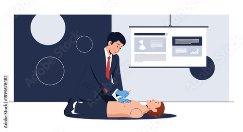 Doctor performing CPR on patient during emergency response training with presentation