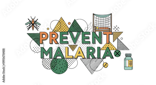 Prevent malaria educational typography design with mosquito and medical bottle vector art isolated on white background