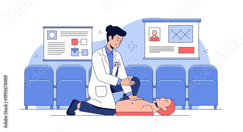 Doctor performing CPR on patient during emergency training simulation in classroom