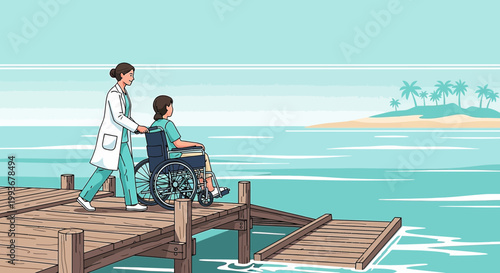 Nurse Pushing Patient in Wheelchair on Dock Towards Tropical Island View