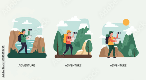 Adventure illustration: Hikers exploring mountains, forests, and lakes with backpacks