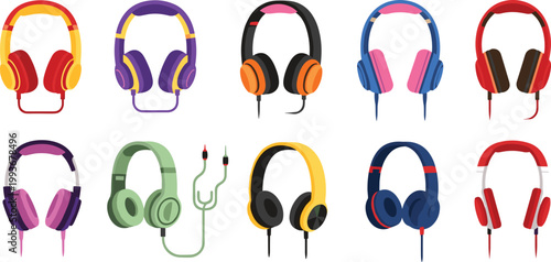 Colorful Headphones Collection with Modern Audio Devices, Over Ear and On Ear Styles for Music, Gaming, and Technology Design