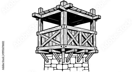 Rustic wooden watchtower with stone base in vintage line art
