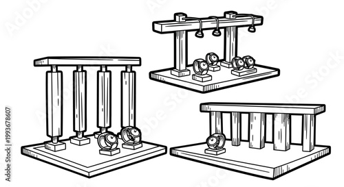 Hand drawn style greek columns with spotlights on display platforms