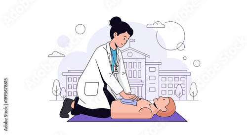 Doctor practicing CPR on dummy, medical training, emergency care, hospital background