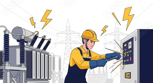 Electrician working on power transformer and control panel, high voltage electricity