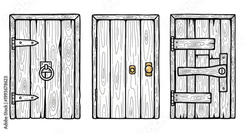 Vintage wooden doors collection: rustic charm with detailed hand-drawn designs