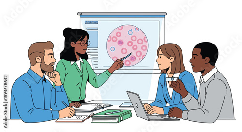 Medical team discussing blood analysis results on digital screen in professional office isolated on white background