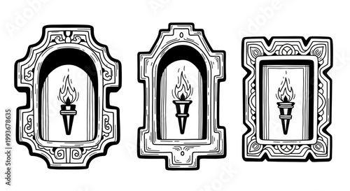 Ornate vintage torch flames in decorative frames