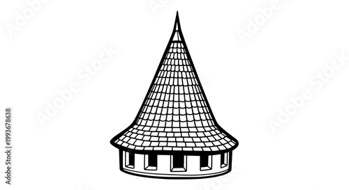 Detailed linear church spire outline with textured roof design
