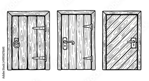 Rustic wooden doors with vintage hinges and handles in linear style