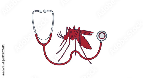 Red mosquito inside stethoscope head representing medical diagnosis of vector diseases isolated on white background
