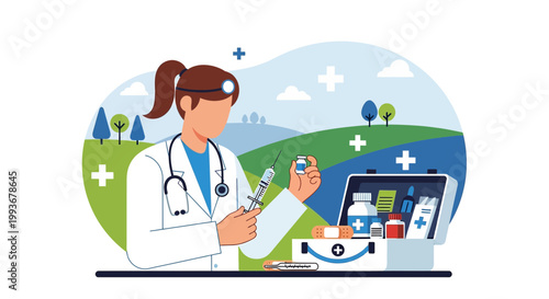 Doctor Preparing Vaccine in First Aid Kit, Healthcare and Medical Concept