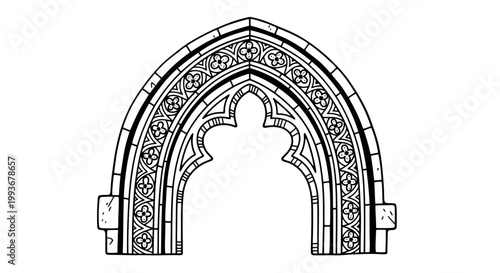 Intricate gothic arch in black and white line art design