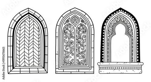 Ornate gothic window designs: intricate black and white architectural patterns