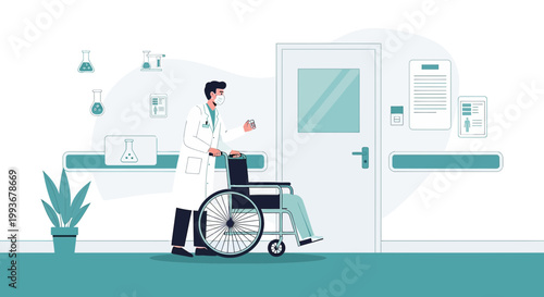 Doctor Pushing Patient in Wheelchair in Hospital Corridor