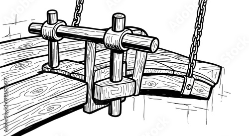 Wooden well with chain handle in black and white hand drawn style