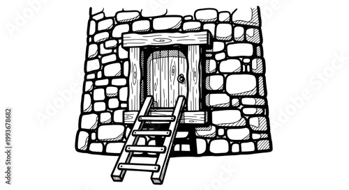 Medieval stone tower with wooden door and ladder in hand-drawn style