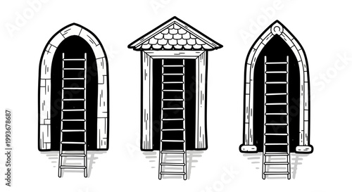 Hand-drawn ladders leading into gothic style doorways