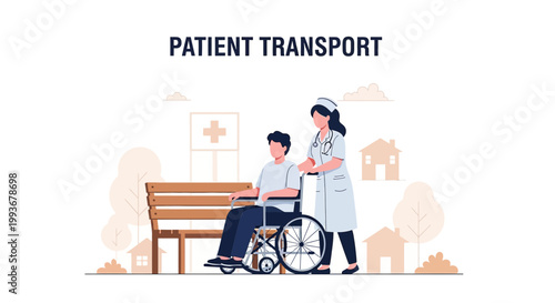 Nurse Pushing Patient in Wheelchair Outside Hospital, Patient Transport Healthcare Concept