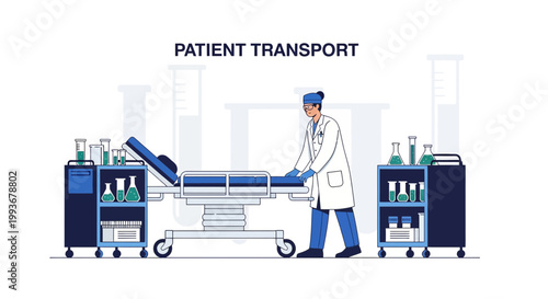 Doctor Pushing Patient on Stretcher in Hospital Corridor with Medical Equipment