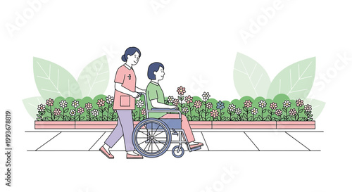 Nurse pushing patient in wheelchair through garden, offering care and support