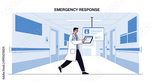 Doctor Rushing Down Hospital Corridor with Tablet During Emergency Response