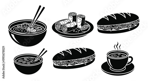 A collection of asian food items including ramen spring rolls and banh mi presented in monochrome silhouette high quality professional detailed