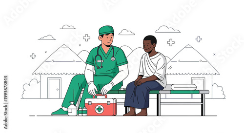 Doctor Tending to Patient in Rural Village, Healthcare Access Concept