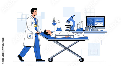 Doctor transporting patient on gurney to laboratory with microscope and computer